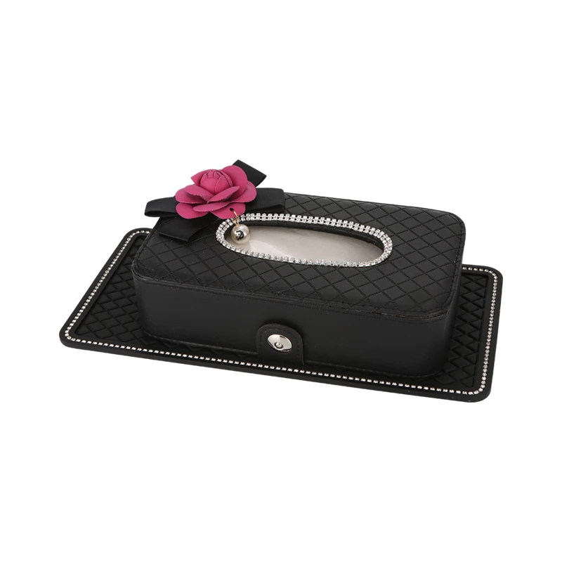 Crystal Car Tisue Box Camellia Flower PU Leather Auto Tissue Bag Seat Back Headrest Hanging Holder Case For Car Accessories — zdjęcie 2
