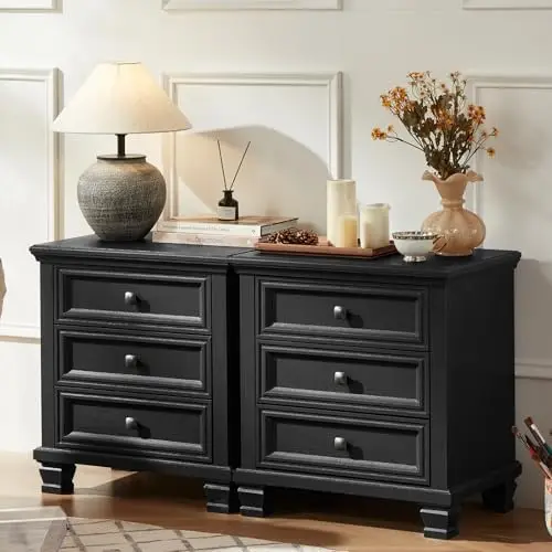 3-Drawer Nightstand Set of 2 with Solid Wood Legs, Black | Pair of three-drawer bedside tables with sturdy square wood image 2