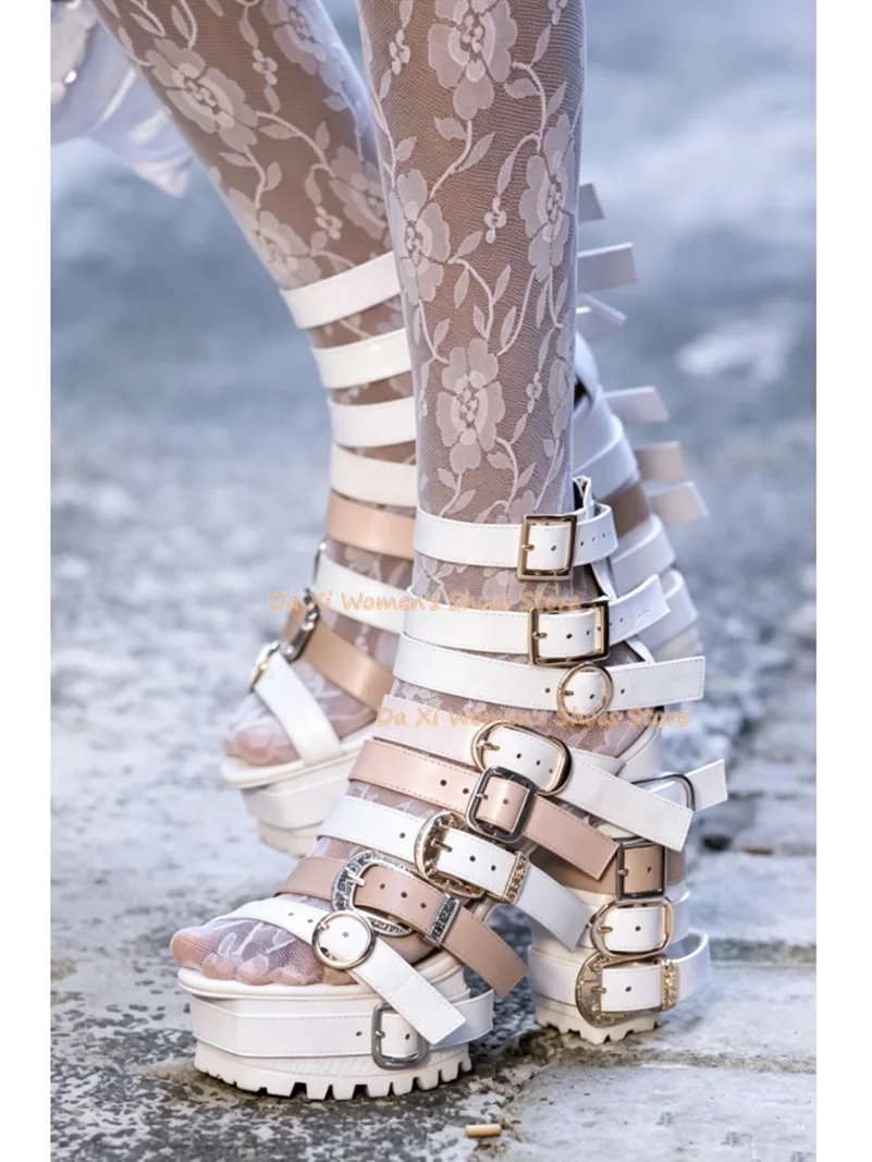 Color Thick Band Combination Platform Rome Sandals Punk Style Belt Buckle Buckle Tall Sandals Role Playing Rave Party  Footwear