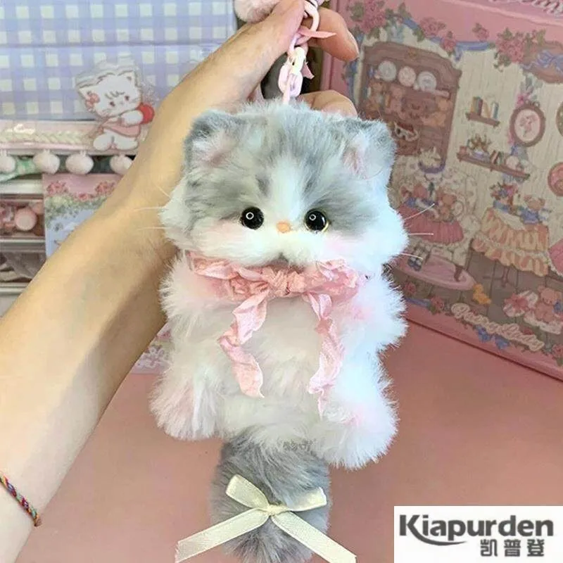 かわいい小さな子猫キーホルダーペンダントバックパックスクールバッグデコレーション三色猫プルテールドールバッグハンギングチェーンぬいぐるみ