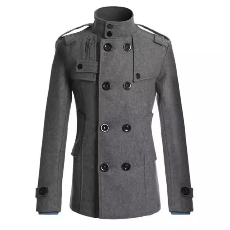 Man Jacket Autumn Winter Stand Collar Double-breasted Solid Color Men Trench Coat Vintage Long Sleeve Mid Length Male Outerwear