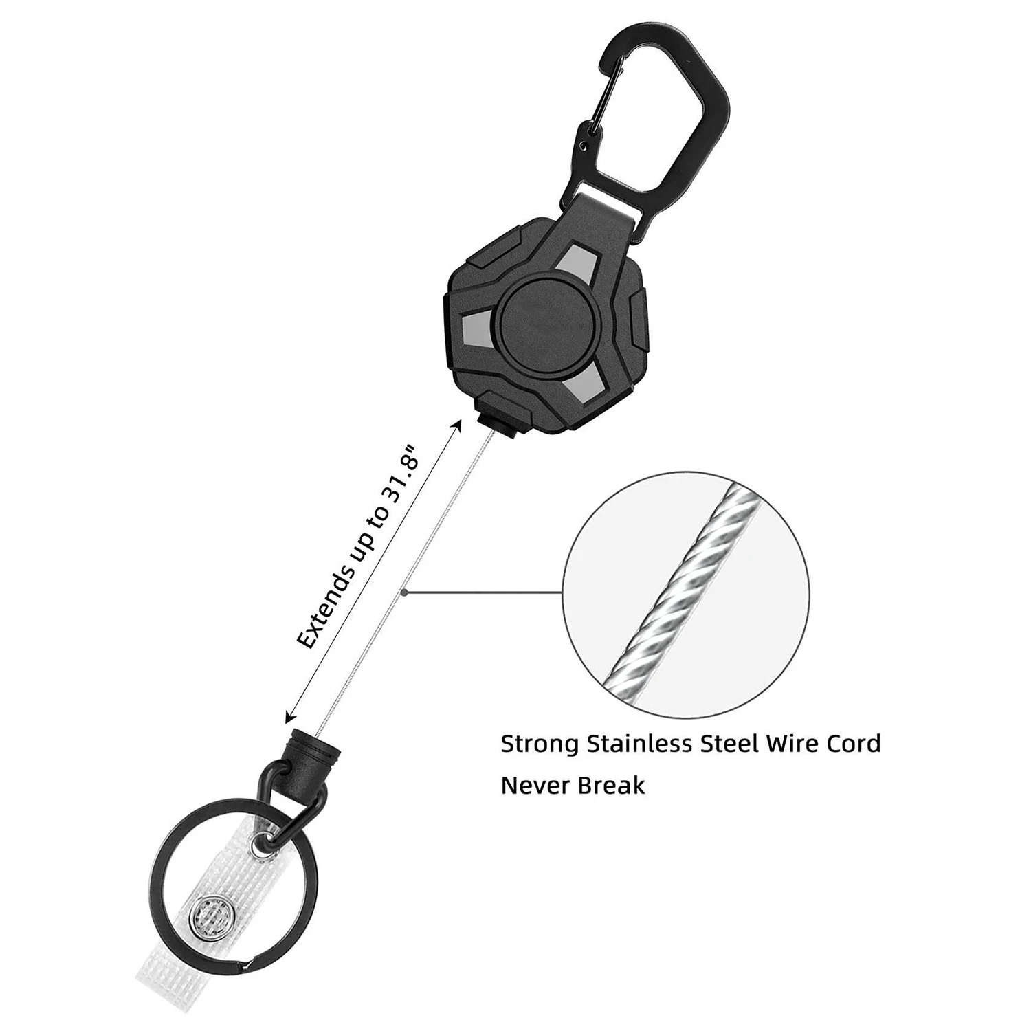 Paquete de 4 llaveros retráctiles A14M de alta resistencia, carretes de insignia retráctiles, soporte de insignia con mosquetón, cable de acero recubierto de 31,8 pulgadas Du