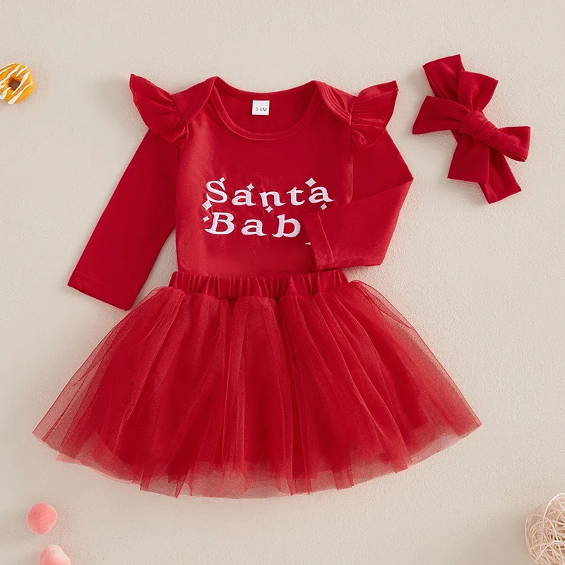 

SUNSIOM 0-18 Months Baby Girls Christmas Outfits Long Sleeve Romper Tulle Skirt Headband Set Newborn Fall Clothes