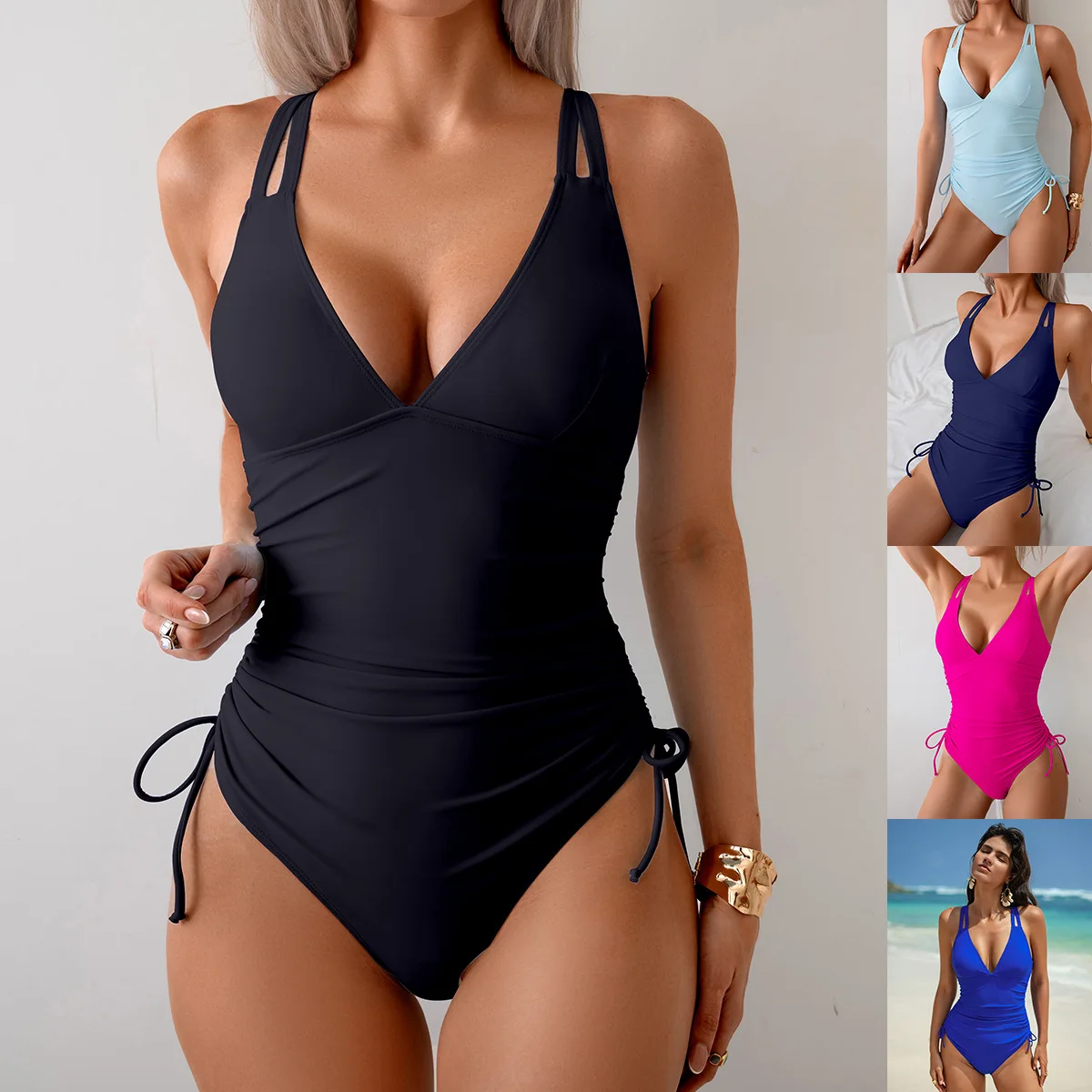 Women one piece swimsuit playsuits sexy strapless v neck sleeve off shoulder 2026 new solid color women's clothing