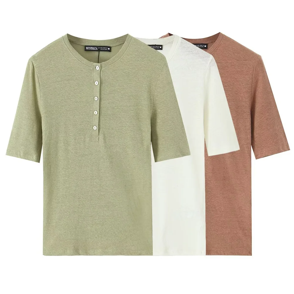 

Новая летняя женская повседневная темпераментная простая и модная льняная футболка с пряжкой и украшением