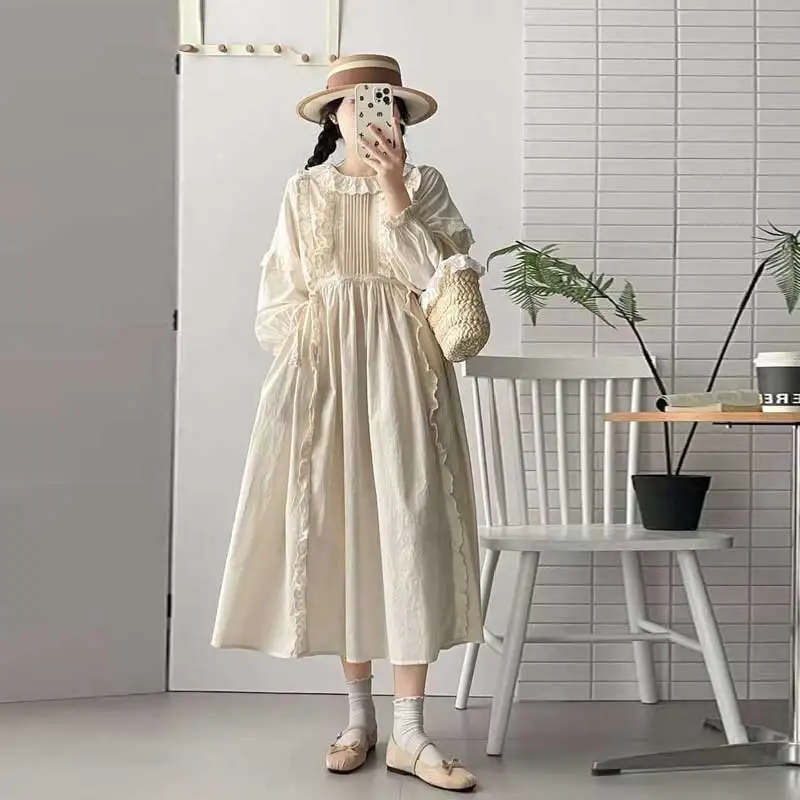 

Japanese Sweet Mori Girl Solid Color Ruffled Collar Dress Women Spring New Long Sleeve Casual Loose A-Line Midi Dresses