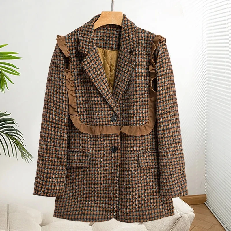 

British Style Woolen Blazers Female New Autumn Winter Thick Wooden Ear Stitching Plaid Office Lady Suit Jacket Women Clothing