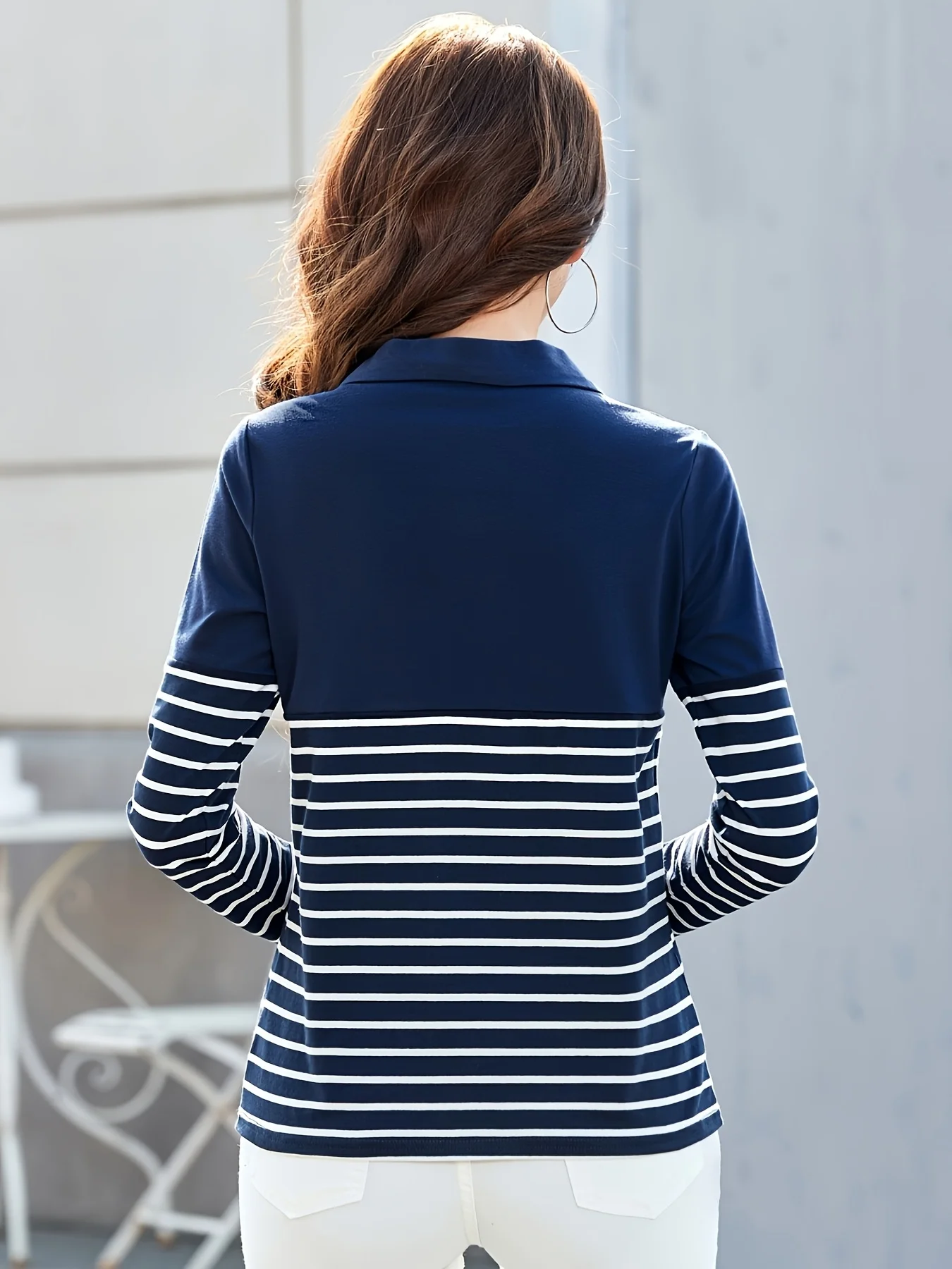 Women's minimalist design solid color striped stitching long sleeve POLO shirt machine washable knit top