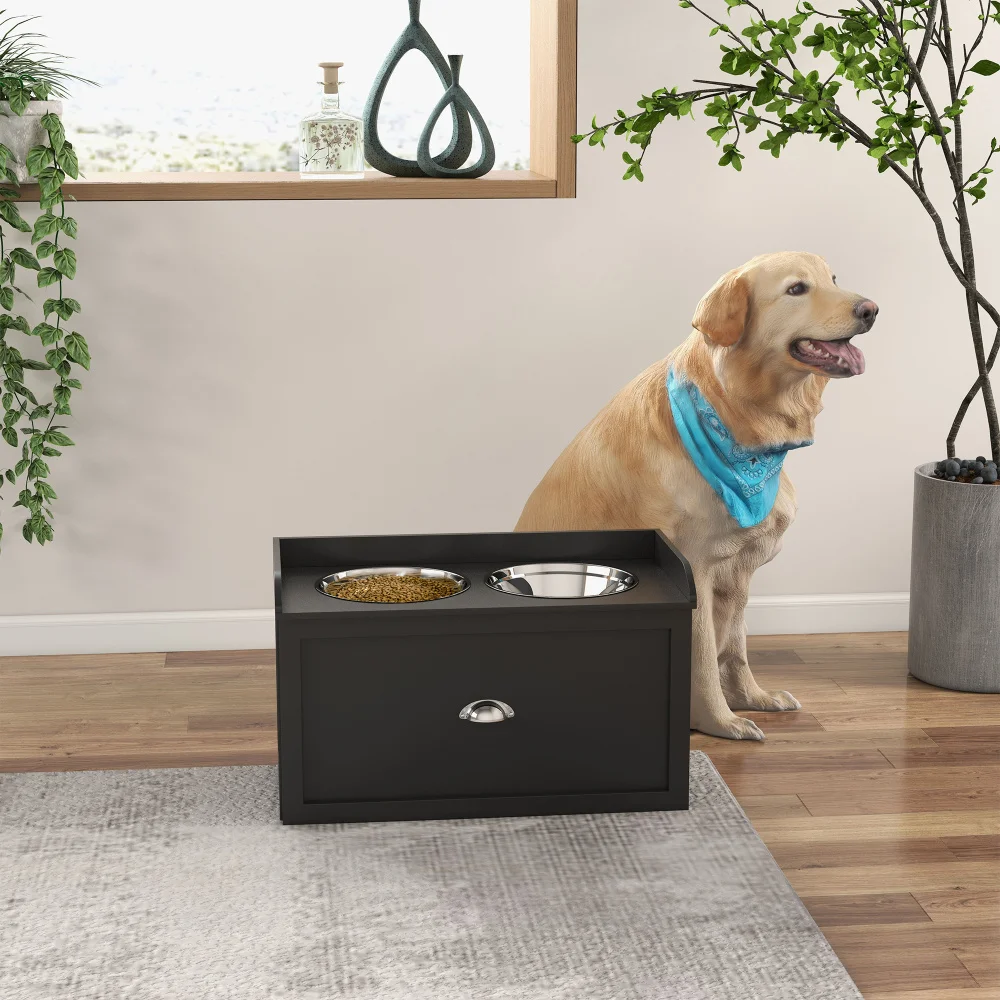 PawHut Dog Feeding Station with Storage Drawer, 2 Removable Elevated Bowls for Large Dogs, Black