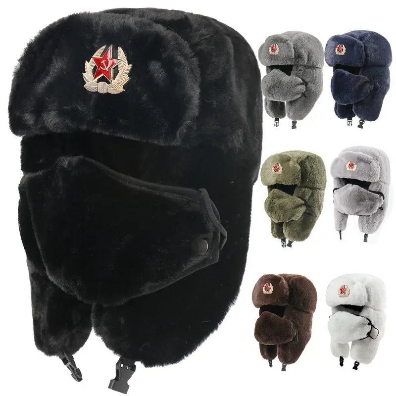 Badge Hat Outdoor Ear Cover Full Wool Warm Winter Cap Cold Weather Unisex EU US Style