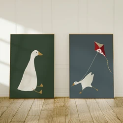 Silly Goose Wall Art Cute Goose Poster Dark Green Boy Nursery Decor Farm Animal Print Kid Room Illustration Decor Canvas Murals