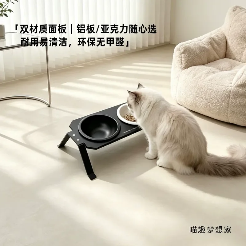 Minimalist Metal Neck Protection Cat Bowl Anti-Knock Anti-Black Chin Ceramic Double Bowl High-Value Pet Food Basin Set