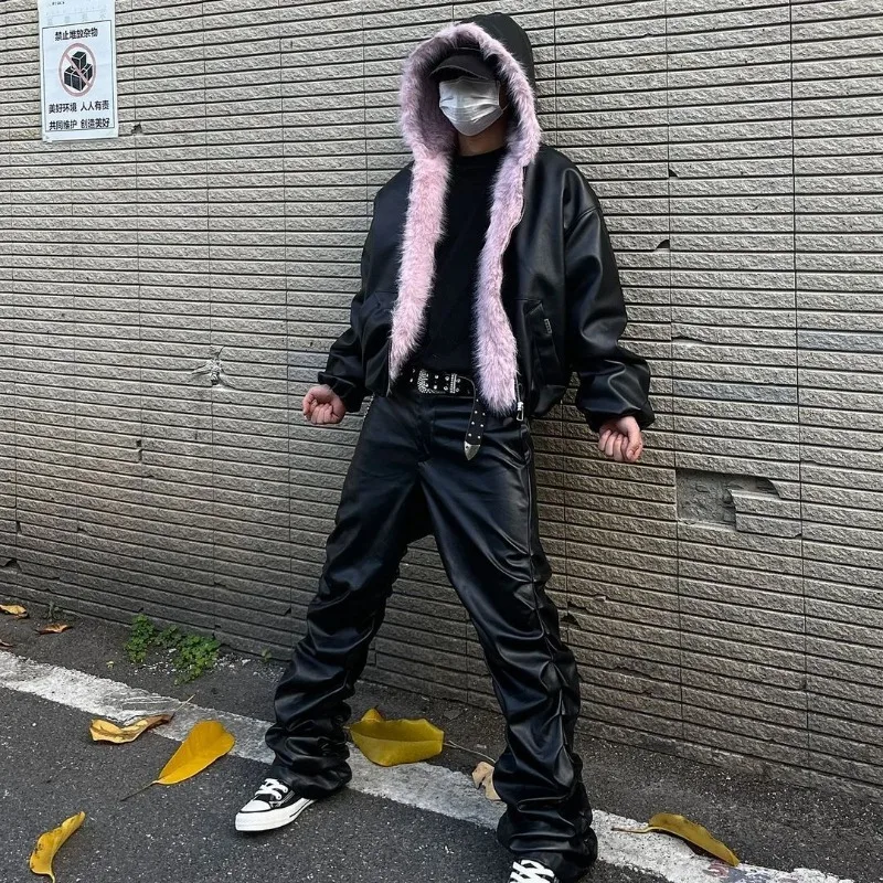 American Vintage Fur Collar Hoodie Winter Thicked Warm Cotton Cardigan Coat Y2k Street Punk Black Streetwear Jacket Fur Parkas