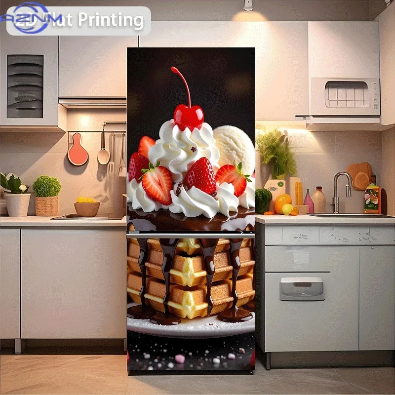 1pc 2D Printed Refrigerator Sticker, 60x180cm, Waffle Strawberry Dessert, Self-Adhesive Wall Decal Wallpaper, Suitable for Cab