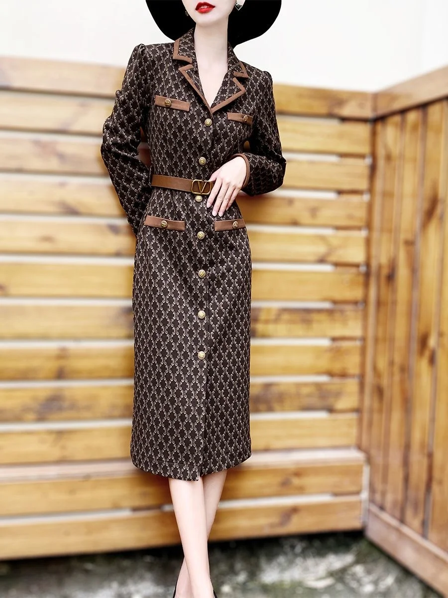 Autumn 2023 and Winter New Print Dress Feminine Retro Premium Lace-up Slim Contrast Panel Suit Collar