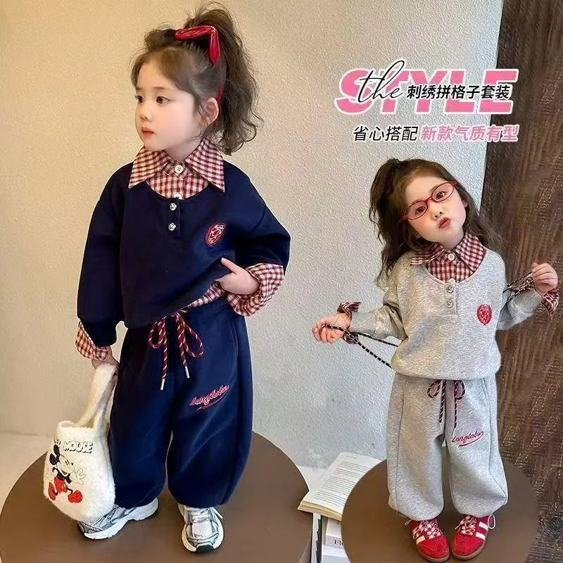 ZOETOPKID Children Girls 2PCS Clothing Cotton Embroidery Turn Down Collar Plaid Sweatshirt Suits Loose Straight Pant Outfits