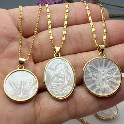 Medal MOP Shell Pendant Necklace For Women Oval Round Life Tree Virgin Mary Angel Charm Neck Girls' Classic Jewelry