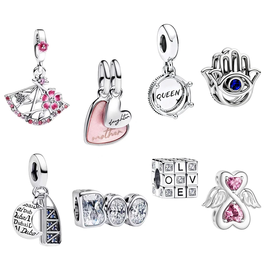 جديد DIY صنع مكعب الحب المتلألئ 、 ملك المجد الوردي مروحة وتاج ملكي استرخى خرز تميمة صالح الأصلي الفضة سوار مجوهرات