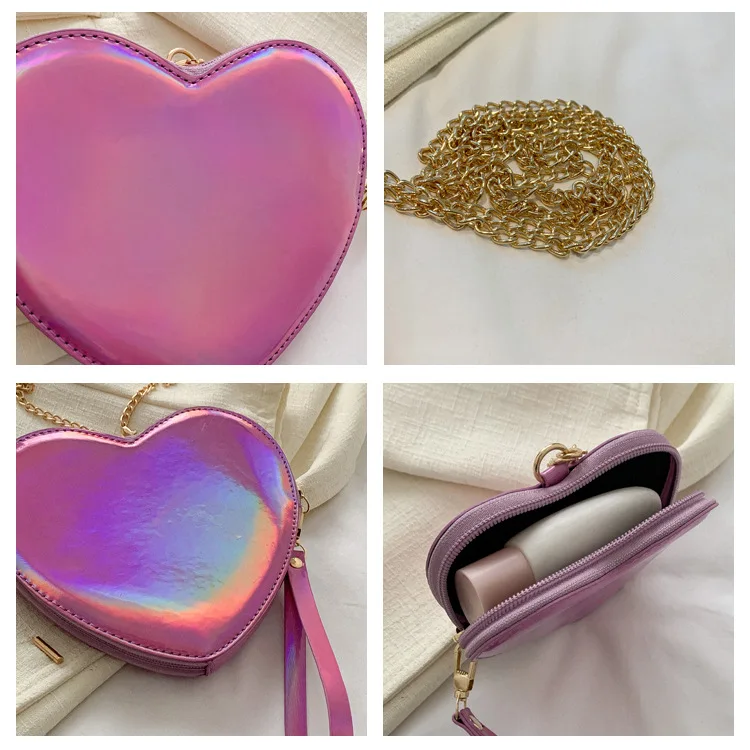 Cute Reflective Heart Shaped Chain Shoulder Bag for Women Kawaii Purses and Handbags Young Girls Small Crossbody Bag Clutch Bag