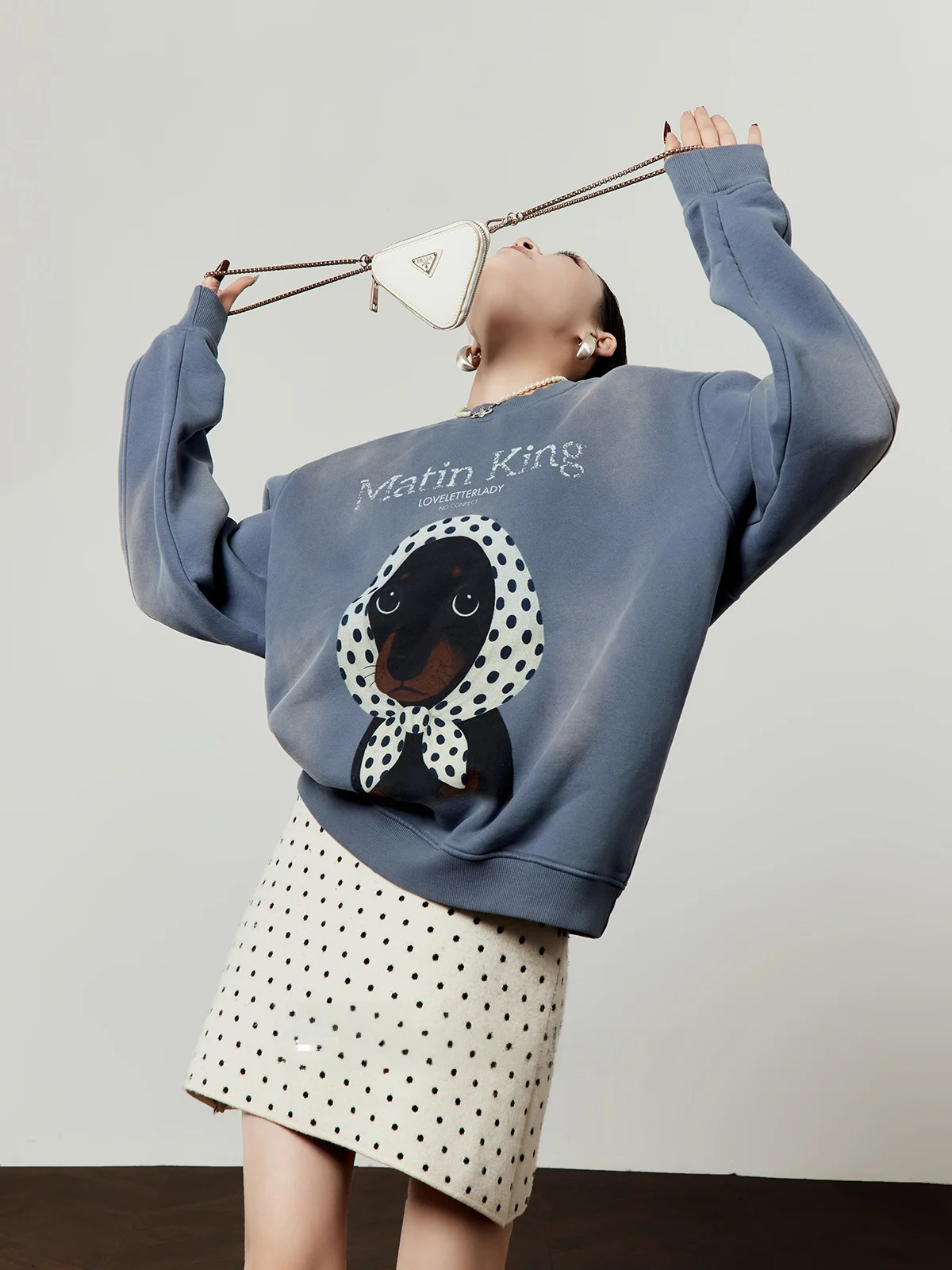 

Women's Fce Lined Denim Sweatirt Loose Fit Spring 2026 Morning French Sle Casual Long Sve irt by Zhou Li Wu