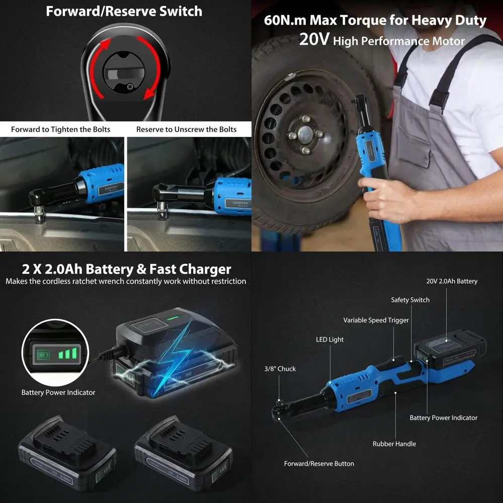 

20V 3/8 Cordless Ratchet Wrench Kit with 60 N·m Torque and 2x 2.0 Ah Batteries