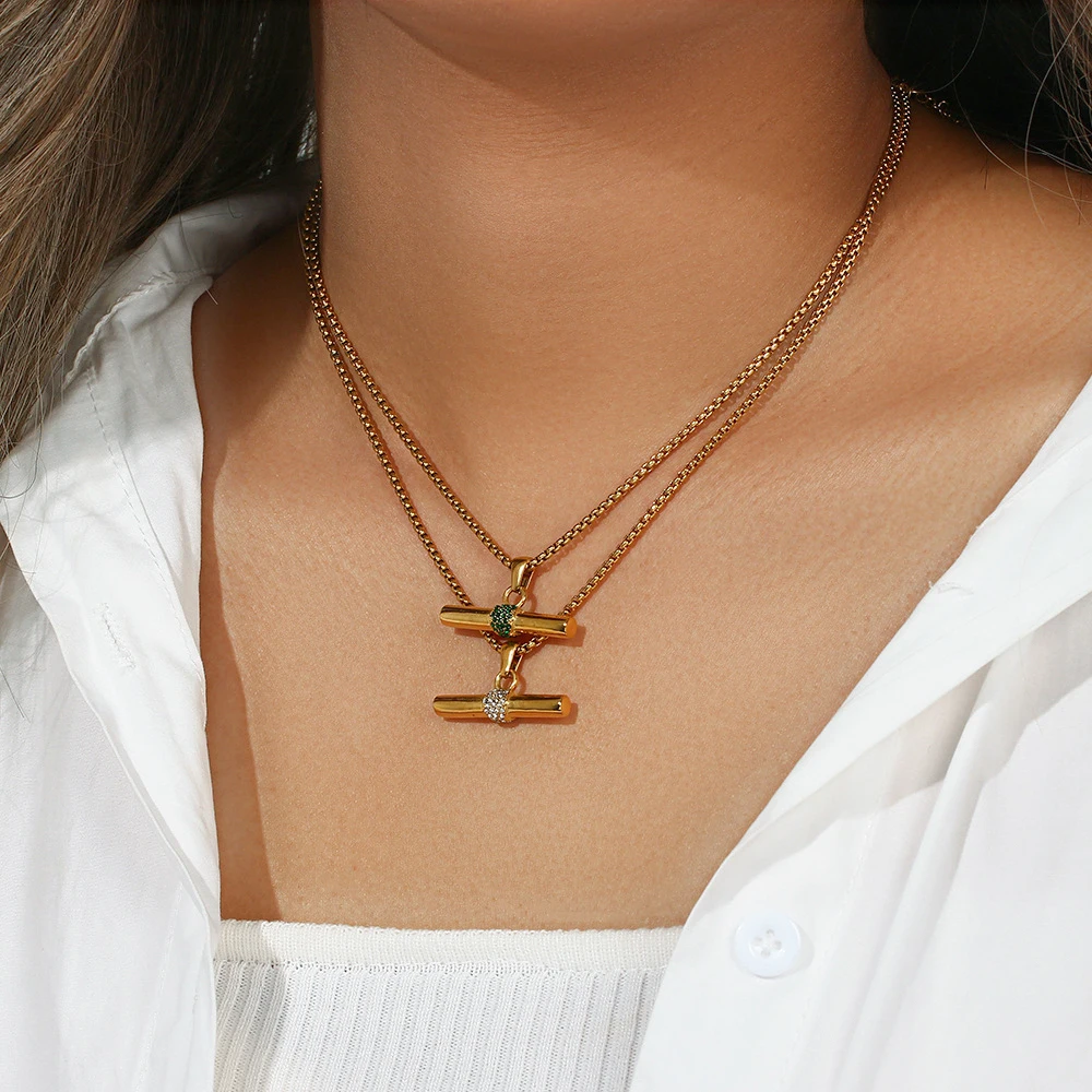 MamacitaSlay Bohemian 316L Stainless Steel CZ Pendant T Bar Necklace 18K Gold Plated Waterproof Minimalist Jewelry For Women Men