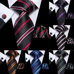 Hi-Tie Men Fashion Necktie Handkerchief Cufflinks Striped White Blue Red Black for Tuxedo Accessory Classic Silk Luxury Gift Tie
