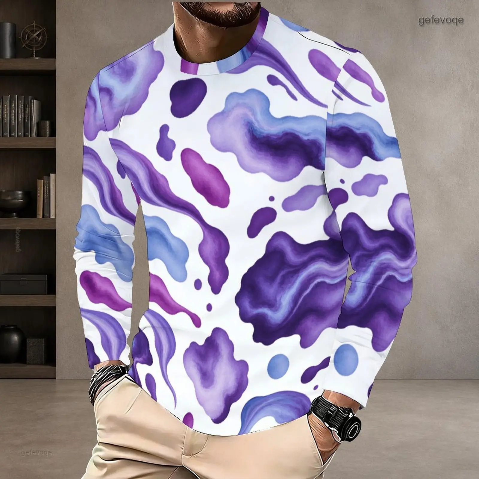 Men Abstract Purple Blue Swirl Print White Base Round Neck Long Sleeve Pullover T-Shirt