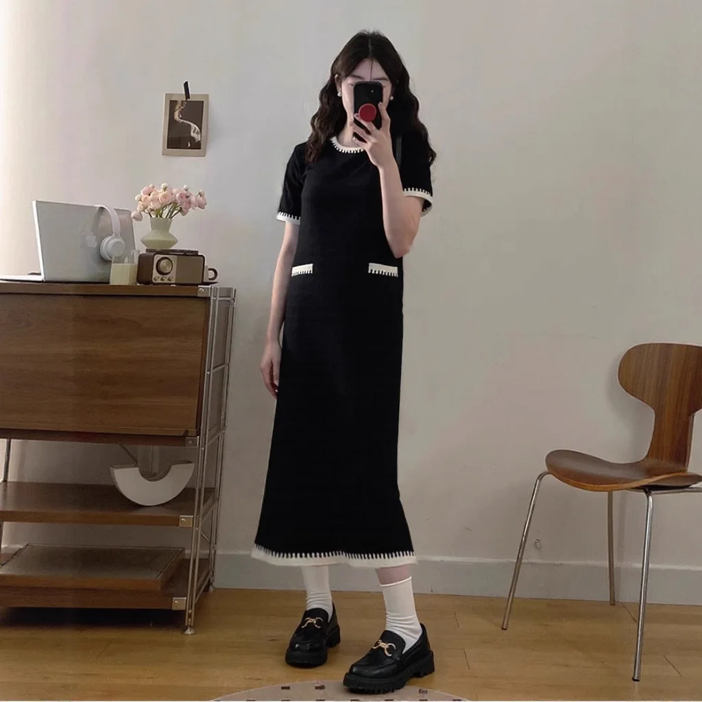 

8144 Светский аромат во французском стиле, свободный ленивый тенсель, круглый вырез, черно-белый цветной блок, искусственный карманный дизайн, прямой длинный