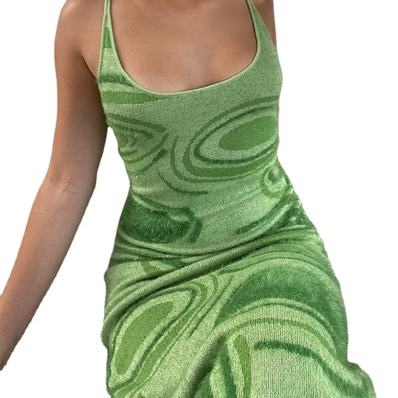 Sexy Print Knit Bodycon Dress Women Green Party Dress Hollow Out Sleeveless Spaghetti Strap Beach Midi Dresses Summer