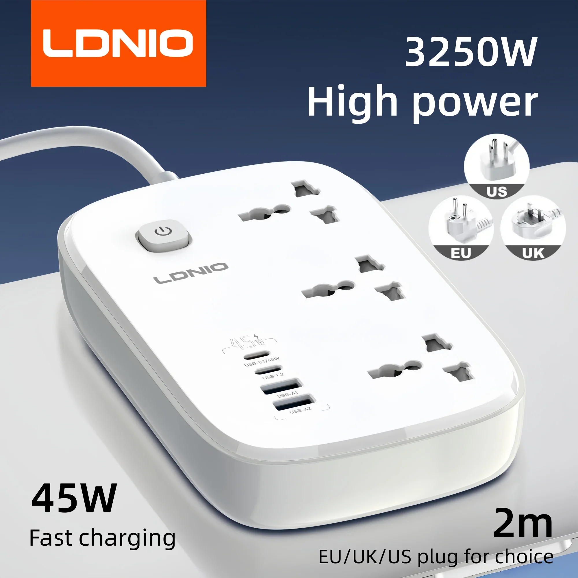 LDNIO 3250W Universal Power Strip 45W PD Fast Charging 2M Extension Cord 3 Outlets 2 Type C USB A Surge Protection EU UK US Plug