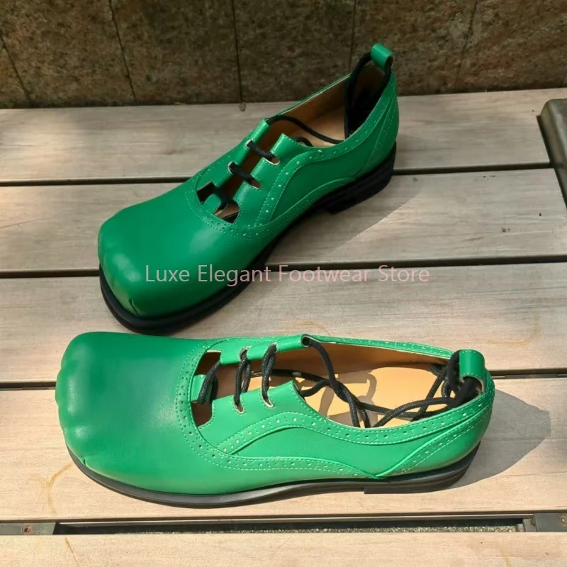 

Men's Green Leather Cross Strap Hollow Oxford Shoes Lace Up Low Heel Round Toe Loafers Fashion Trendy Party Casual Male Shoes