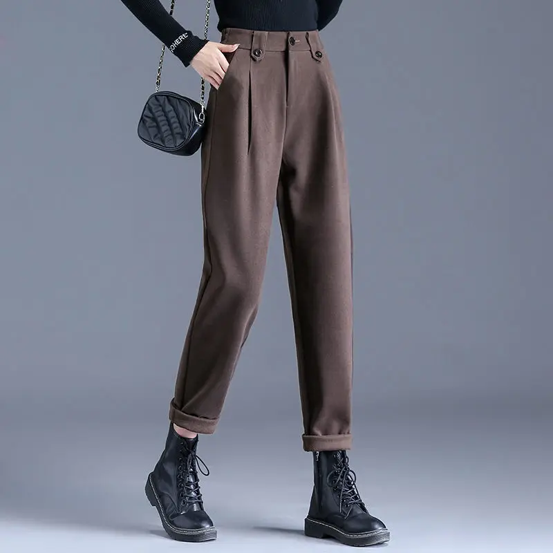 Autumn and Winter Women\'s Solid Color High Waist Slim Loose Straight Pipe Haren Pants Fashion and Casual Office Lady Trousers