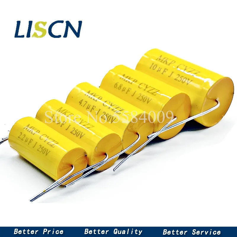 2pcs MKP yellow round axial 250v1/2.2/3.3/4.7/6.8/10uf electrodeless tweeter through capacitor