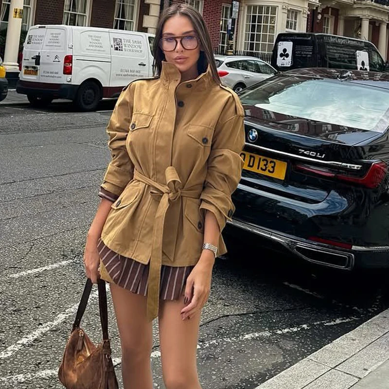 HXAO レディース トレンチコート 秋 レディース トレンチ クロップドコート レディース ベルト付き ウインドブレーカー アウター 長袖 ボタン ショートトレンチ