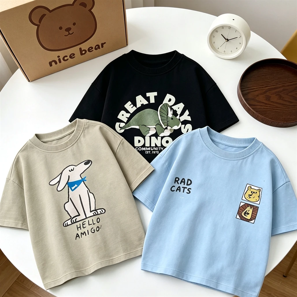 Sommerkleidung für Kinder, kurzärmelige Oberteile, T-Shirt mit Cartoon-Aufdruck, Baumwollkleidung, lockeres, lässiges Sport-T-Shirt, dünne All-Match-Pullover
