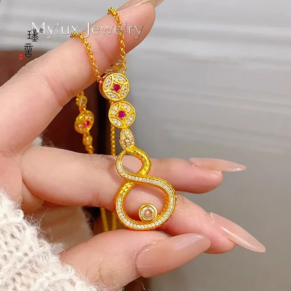 

Mylux Jewelry Gold Shop 24K real gold dot diamond Fulu Ling Snake Pendant Necklace au999 pure gold hollow coin snake collarbone