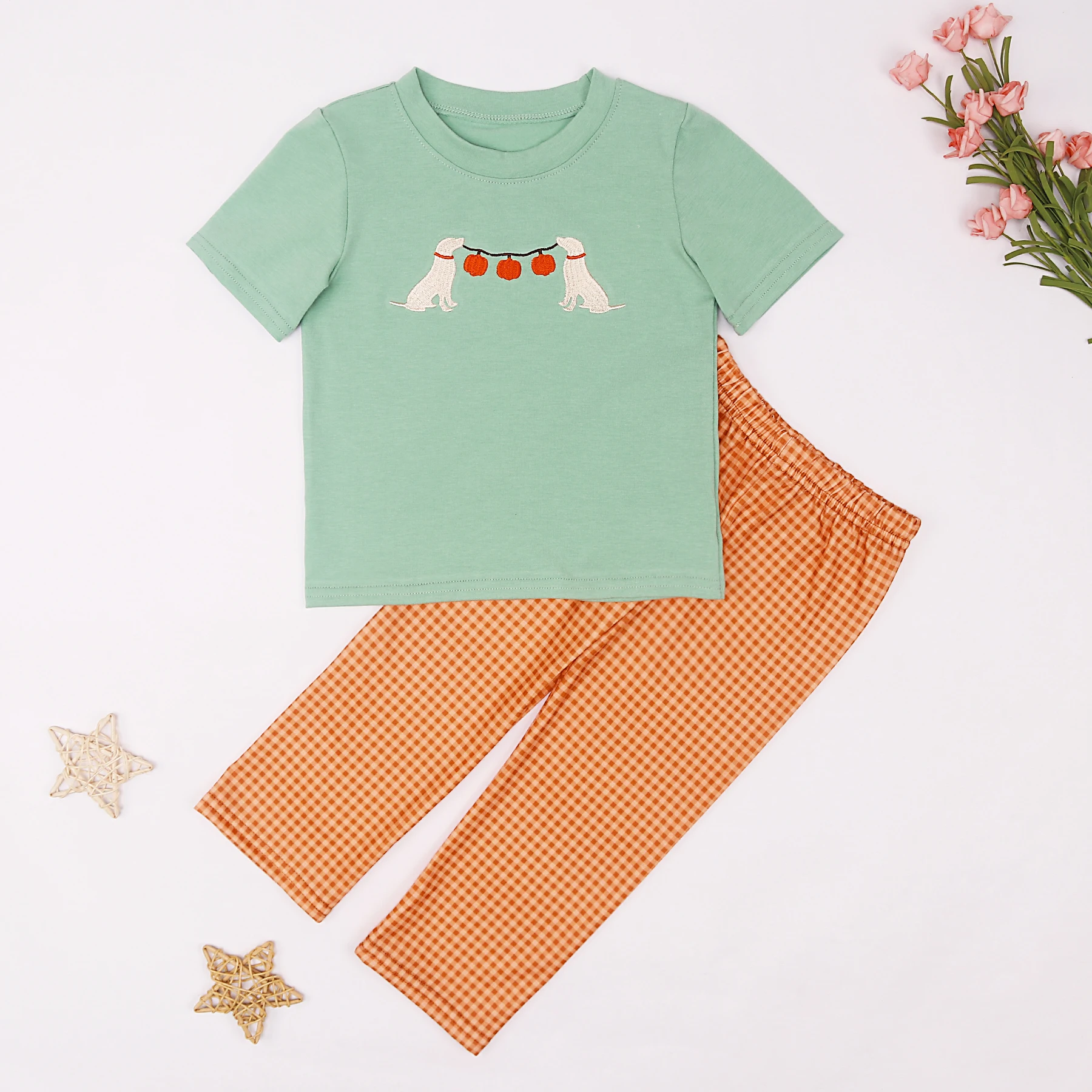 New Ropa Summer Short Sleeve Round Neck Dress Puppy And Pumpkin Embroidery Girl Top T-shit Orange Lattice Shorts Boy Clothes