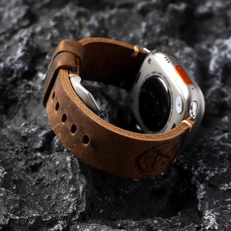 Applicable to Apple Watch Apple Watch8 Strap 49MM 45 Retro First Layer Cowhide Thick Men's Genuine Leather Ultra