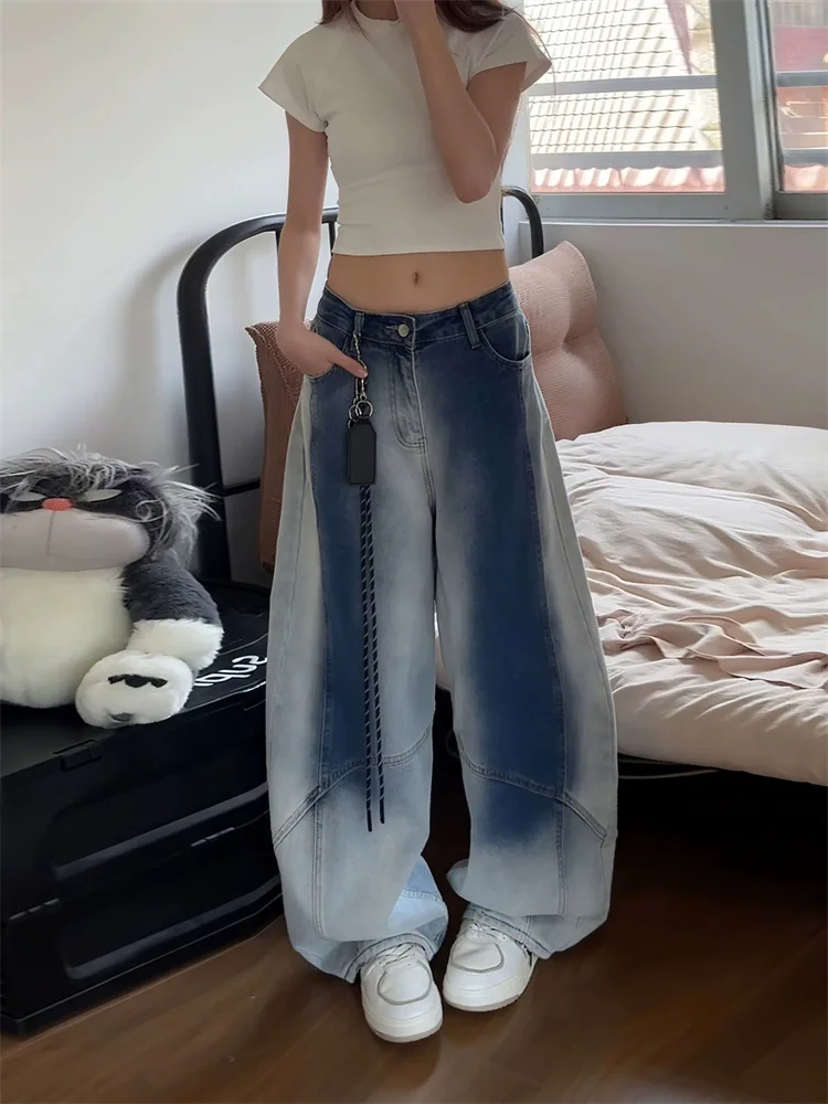 Distressed Ombre Washed Jeans Women Fall American Vintage Deconstructed Wide Leg Trousers Curved Hem Loose Design Denim