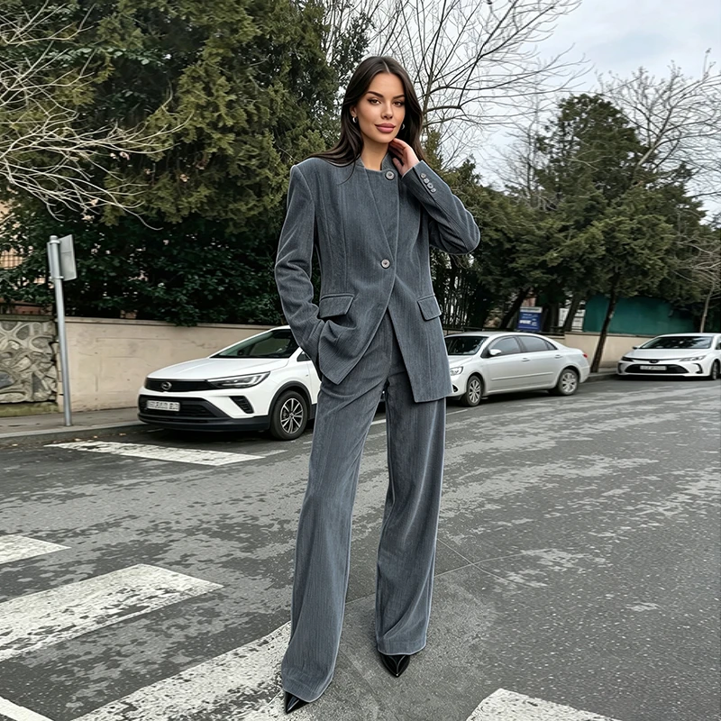 Damen-Hosenanzug 2-teilig, Cord, Stehkragen, seitliche Knopfleiste, Langarm-Mantel, Weite Hose, Herbst-Outfit, Neu – Detail 18