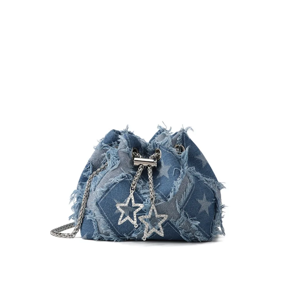 

Retro Tassel Star Denim Bucket Bag Drawstring Handbag Metal Chain Crossbody Bag Korean Style Rhinestone Cloth Shoulder Bag Party