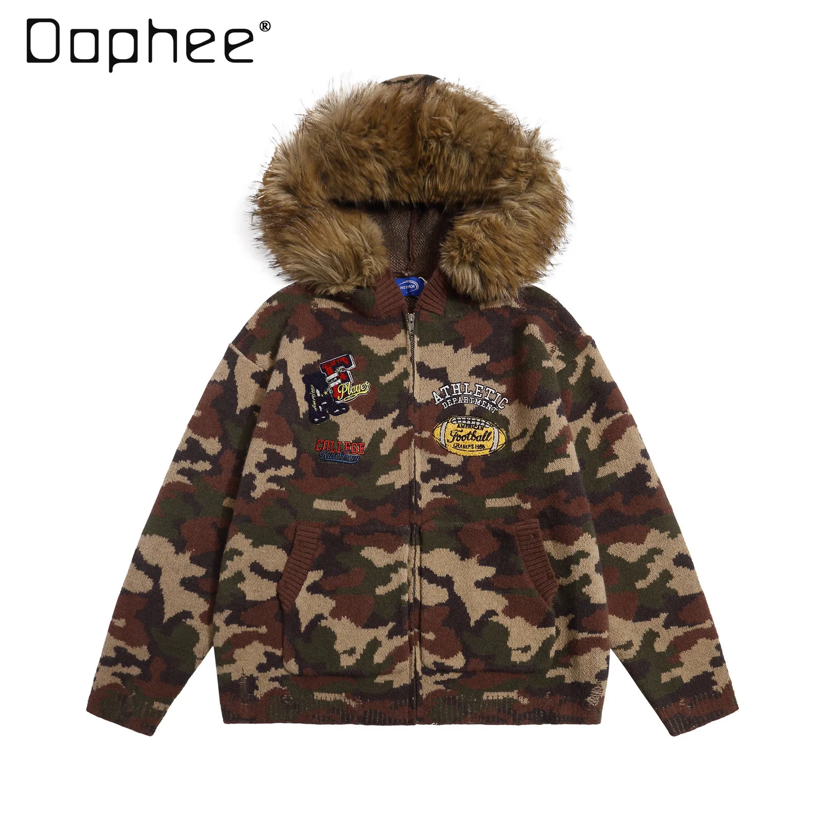 

Ретро камуфляжный вязаный свитер с воротником из искусственного меха и капюшоном, свободный крой, свитер, куртка на осень и зиму