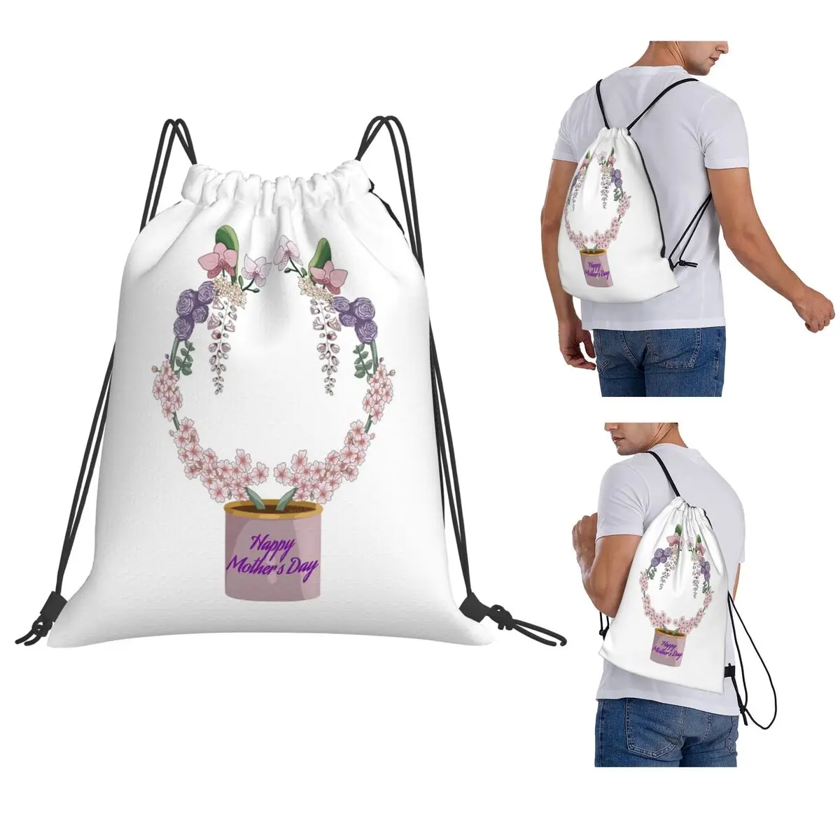 Happy Mothers Day Plant Pot Circle Backpacks Casual Drawstring Bags Storage Bag Book Bags for Travel School
