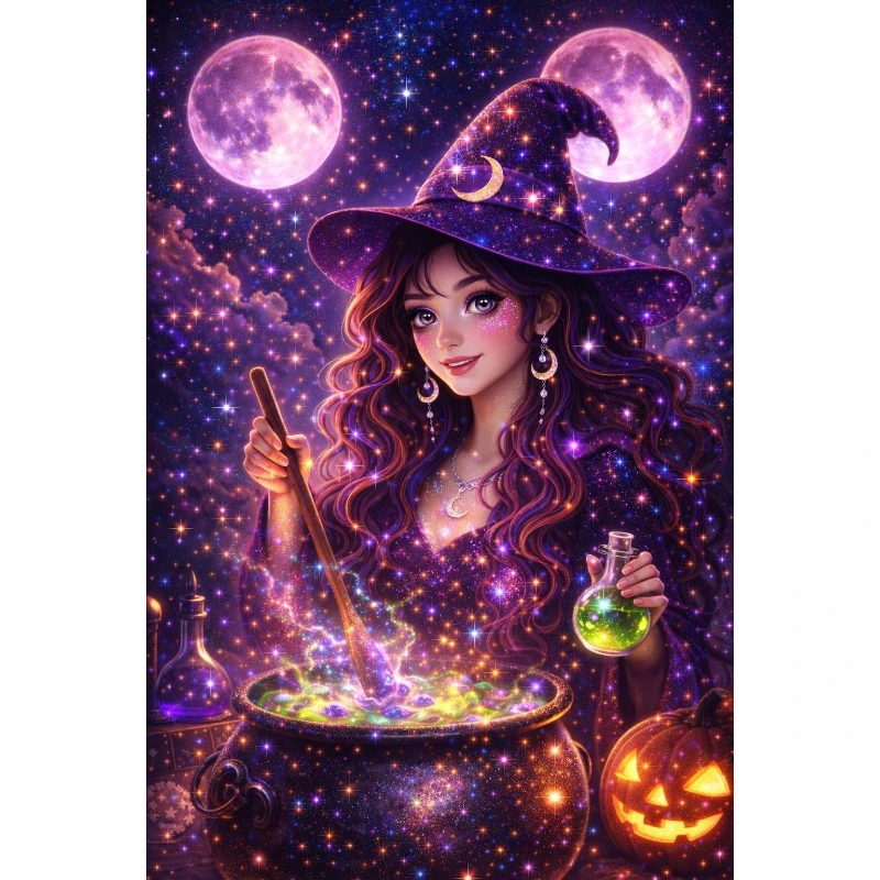 DIY 5D Diamond Painting,Glamour Starry Sky Witch With Magic Cauldron, Hobby Craft for Home Wall Decor, Ideal Gift for Art Lovers