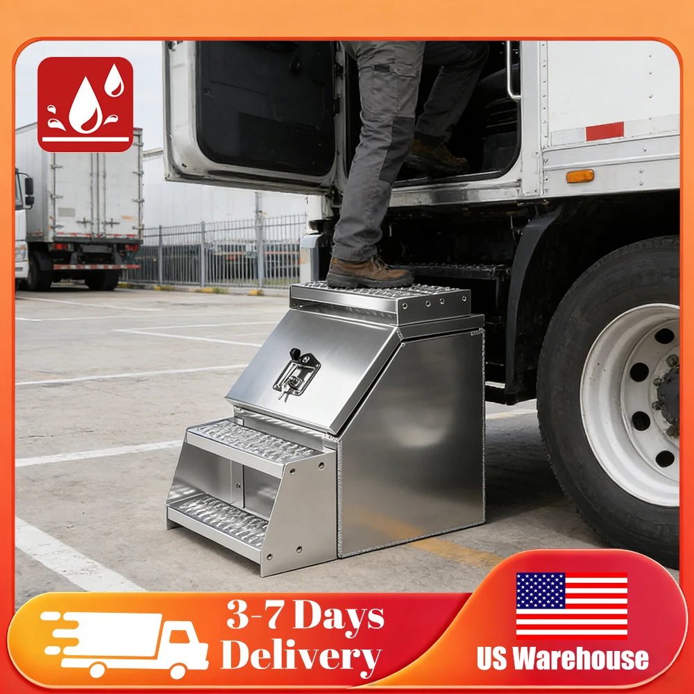 

18in Aluminum Side Storage Saddle Step Box with T Handle Latch Lock for Semi Trucks Peterbilt Kenworth Western Star Volvo