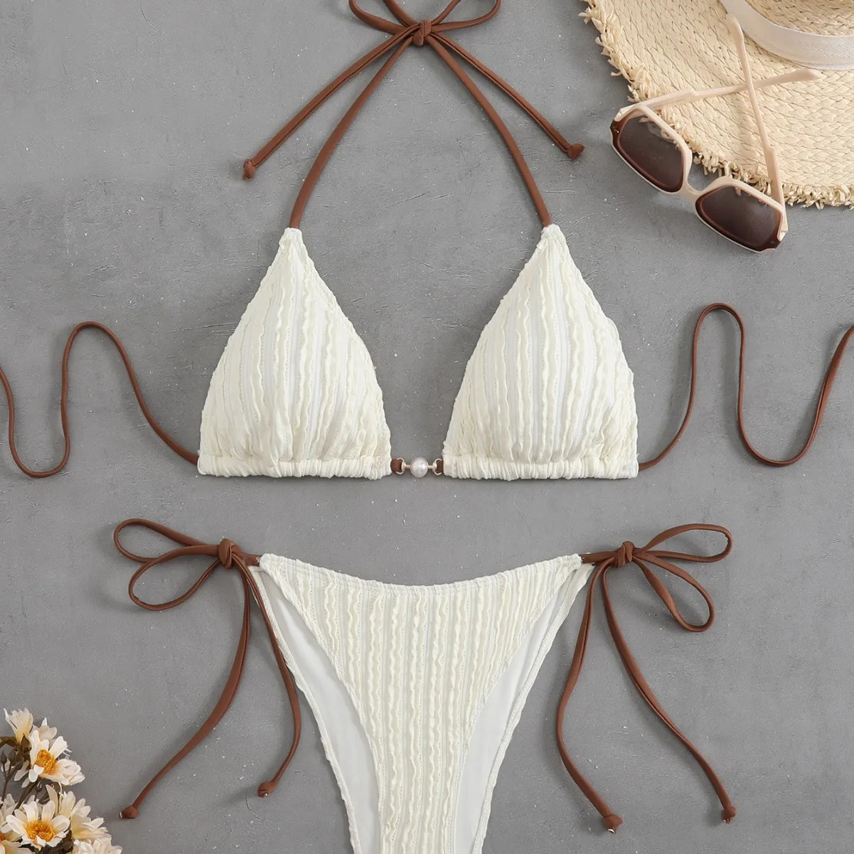 

Women Triangle Bikini Set Halter Neck Tie Side Two Piece Swimsuit Color Block Bathing Suit Beachwear