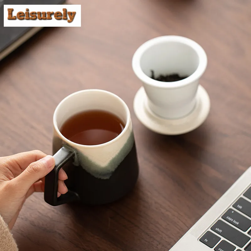 380ML Gradual Change Color Painted Ceramic Filter Tea Separator Cup Ancient Tea Mug with Infuser Tea Making Office Water Cup