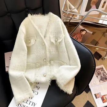 Helle Seide Quaste V-Ausschnitt Nerz Samt Strick mantel weiblich Herbst und Winter Französisch Mode Damen weiße Top Strickjacke