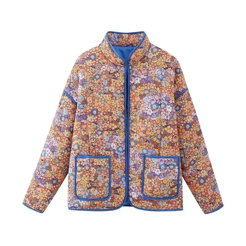 Women's Thickened Padded Cotton Jacket Autumn Winter Loose Fit Warm Floral Print Outerwear Long Sleeve Thin Cotton Coat